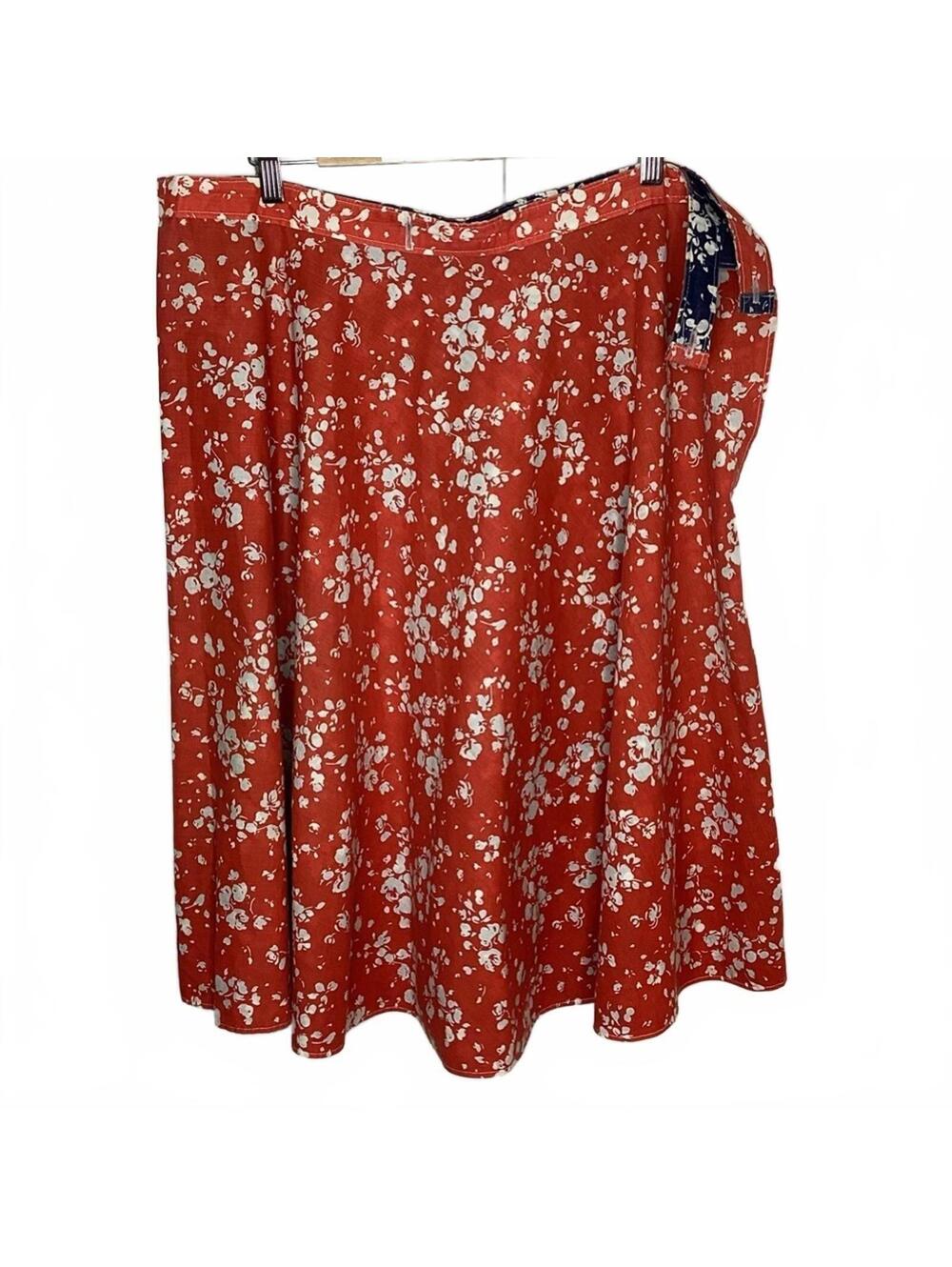 Handmade Reversible Floral Midi Skirt Rust Orange Navy Blue 2-in- 1 A-Line Large